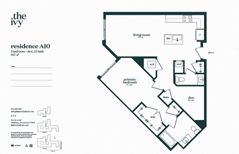 Floor plan for 1 bed, 1 bath, 927 sqft